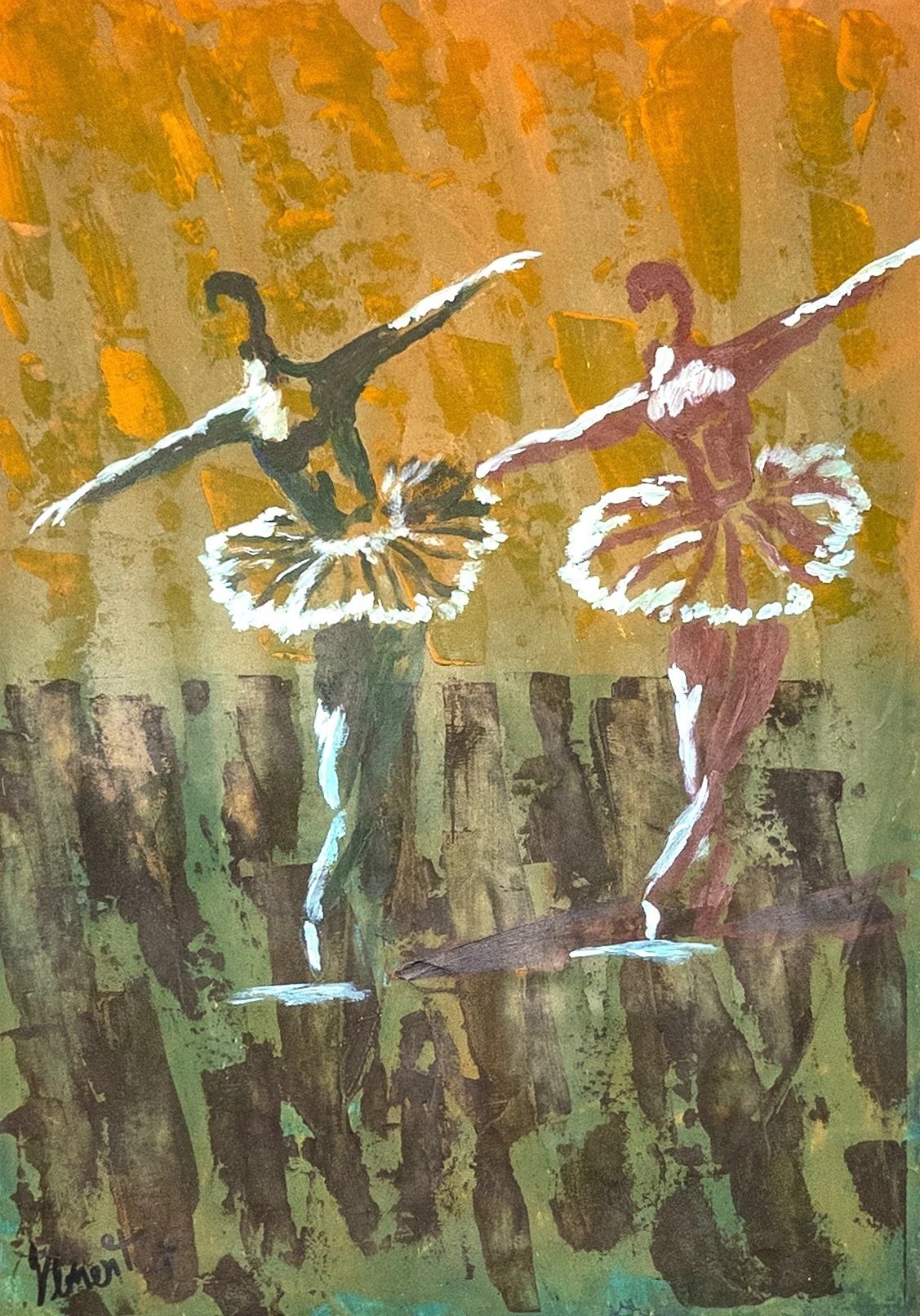 Two dancers appear suspended in a moment of exuberant movement, their outstretched arms and sweeping costumes creating a sense of flight