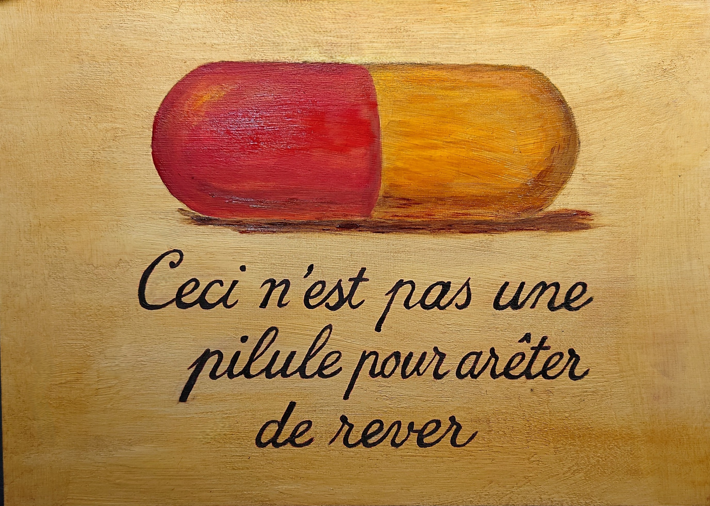 original oil painting, surrealism, Magritte tribute, pill painting, conceptual art, French text art, 42x30 canvas panel, contemporary art, dream art