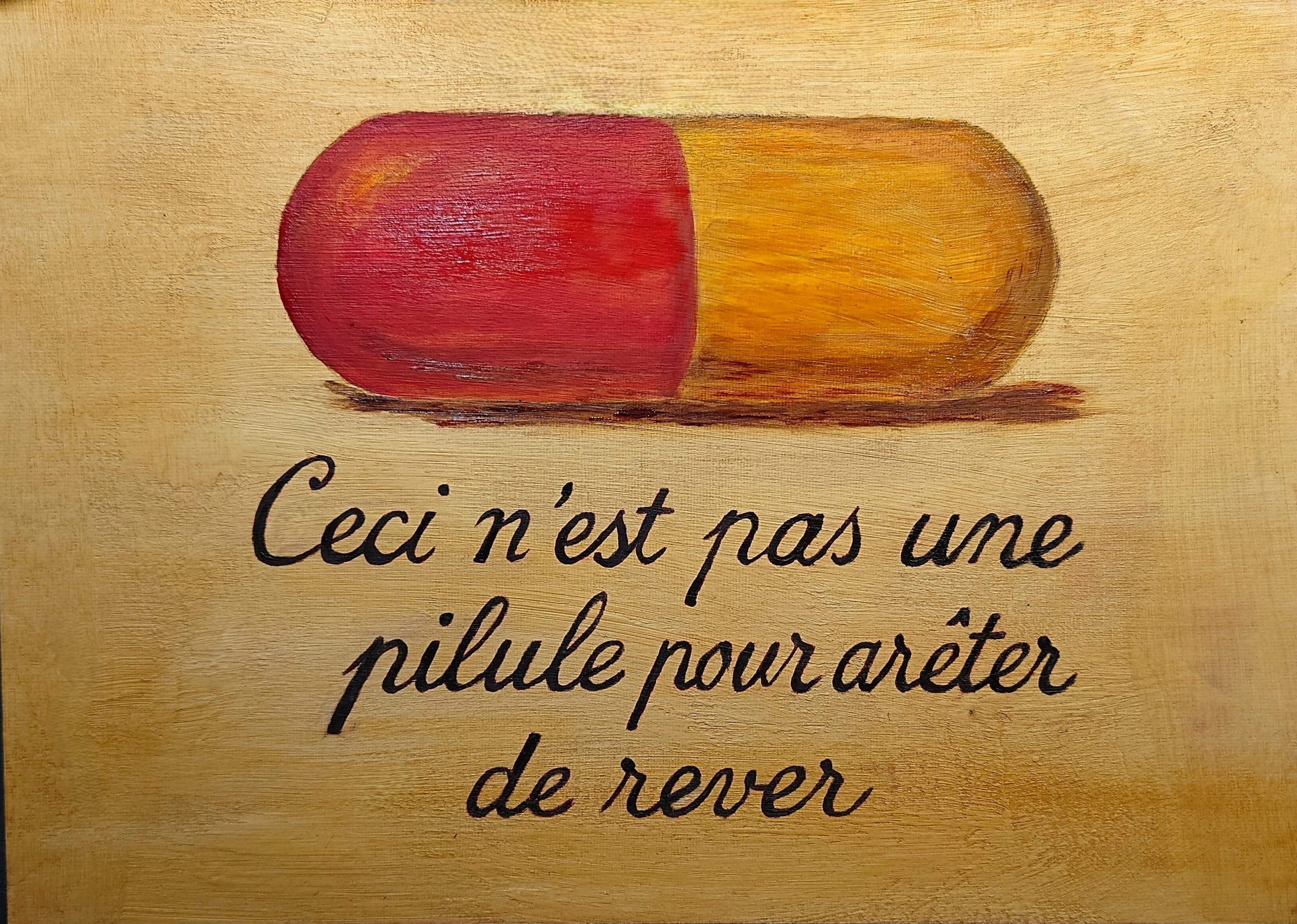 original oil painting, surrealism, Magritte tribute, pill painting, conceptual art, French text art, 42x30 canvas panel, contemporary art, dream art